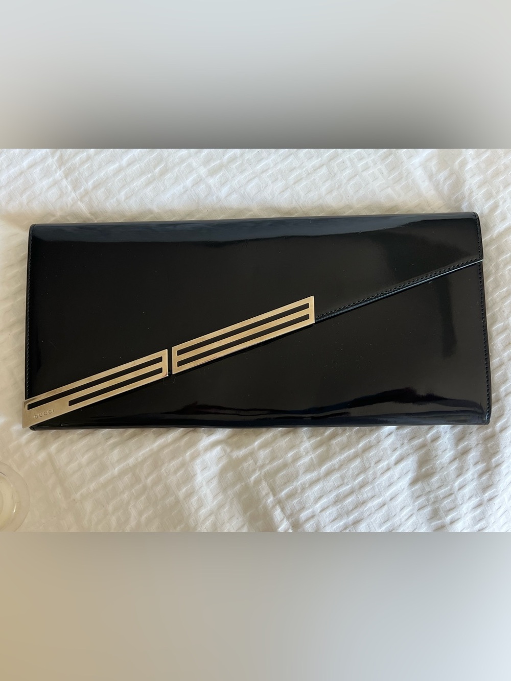 Vintage Gucci Black Patent Clutch with Silver Bar Accent